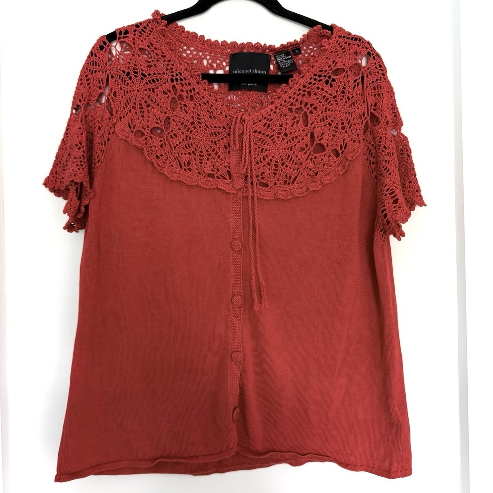 Michael Simon Crochet Sweater Top Sz XL Red Tassel Tie Boho Festival Romantic